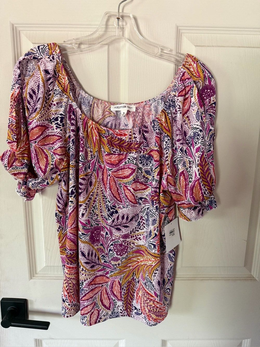 Perseption Concept  Multi-Color Floral Puff-Sleeve Top